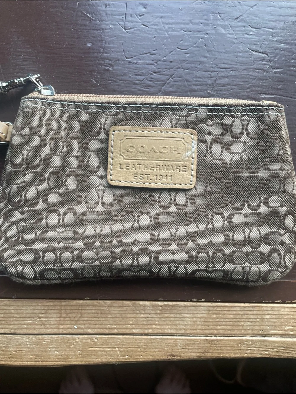 Coach Brown Signature Canvas Wristlet with Tan Leather Patch